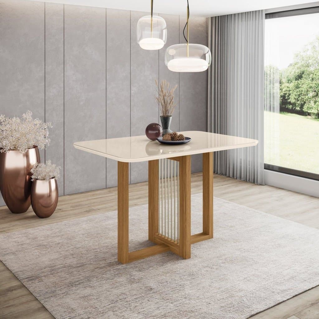 Mesa de Jantar 4 Lugares 120cm Tampo MDF com Vidro Canto Arredondado Natalí Bege/Nature/Off White 120