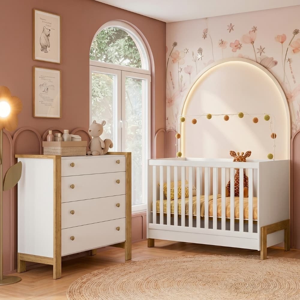 Quarto de bebê Berço Minicama com Cômoda 4 Gavetas Nina Qmovi