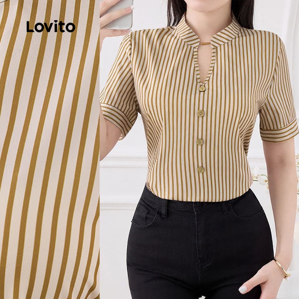 Lovito Elegante Blusa com Botões e Bloco de Cores para Primavera/verão para Mulheres L155ED438