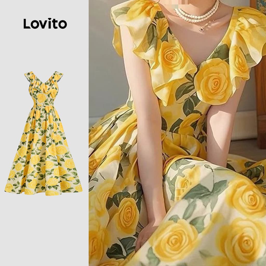 Lovito Férias Vestido Com Babados E Flores Amarelo Para Primavera/verão Feminino L150ED144