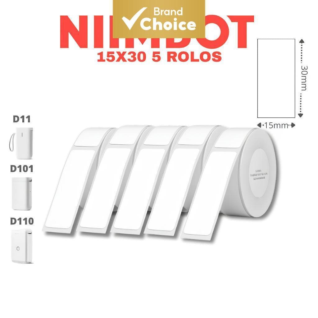5 Rolos 975 Unidades de Papel para Etiquetas Térmicas Niimbot D11H D110M D101 H1S | 15x30mm, Branco, Cores Puras, à