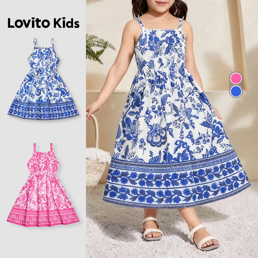 Lovito Kids Férias Vestido de Boa Textura para Primavera/verão Vestido Azul para menina L162LD200