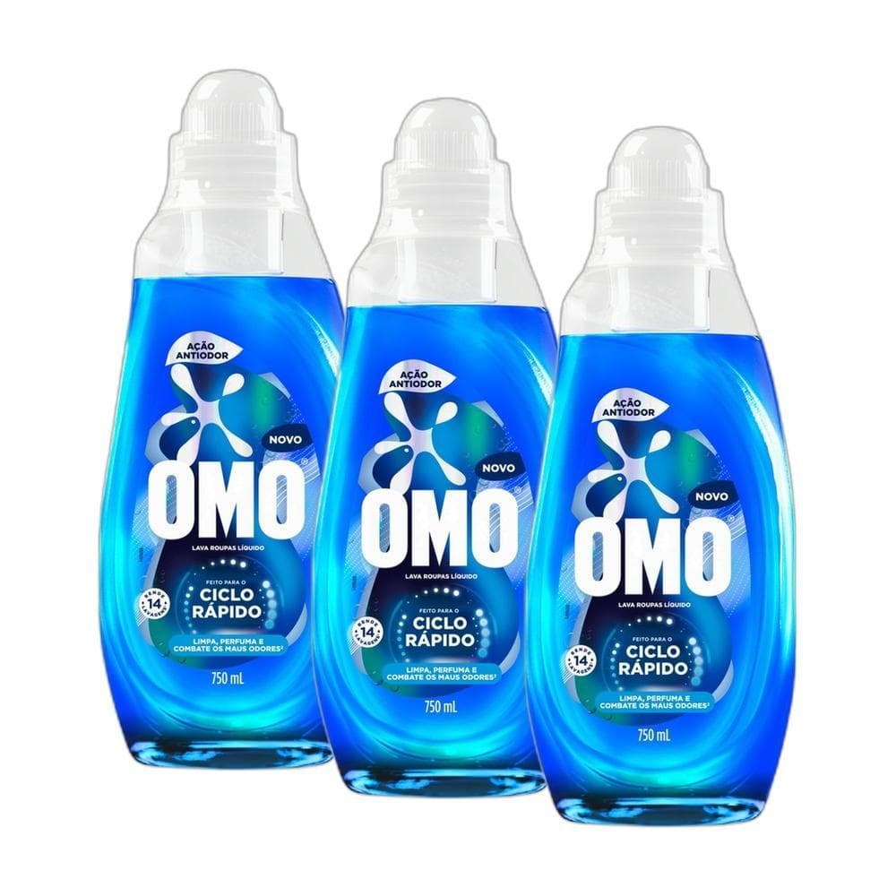 Kit 3 Lava-Roupas Líquido Omo Ciclo Rápido Ação Antiodor Frasco 750ml cada