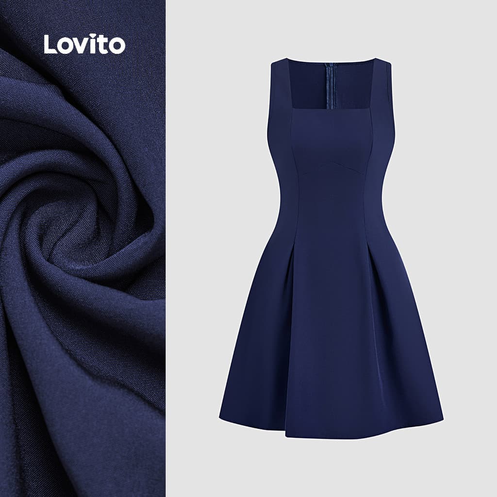 (Elegante) Lovito Vestido de Pregas Primavera/verão Vestido Azul-marinho para Mulheres L149LD323