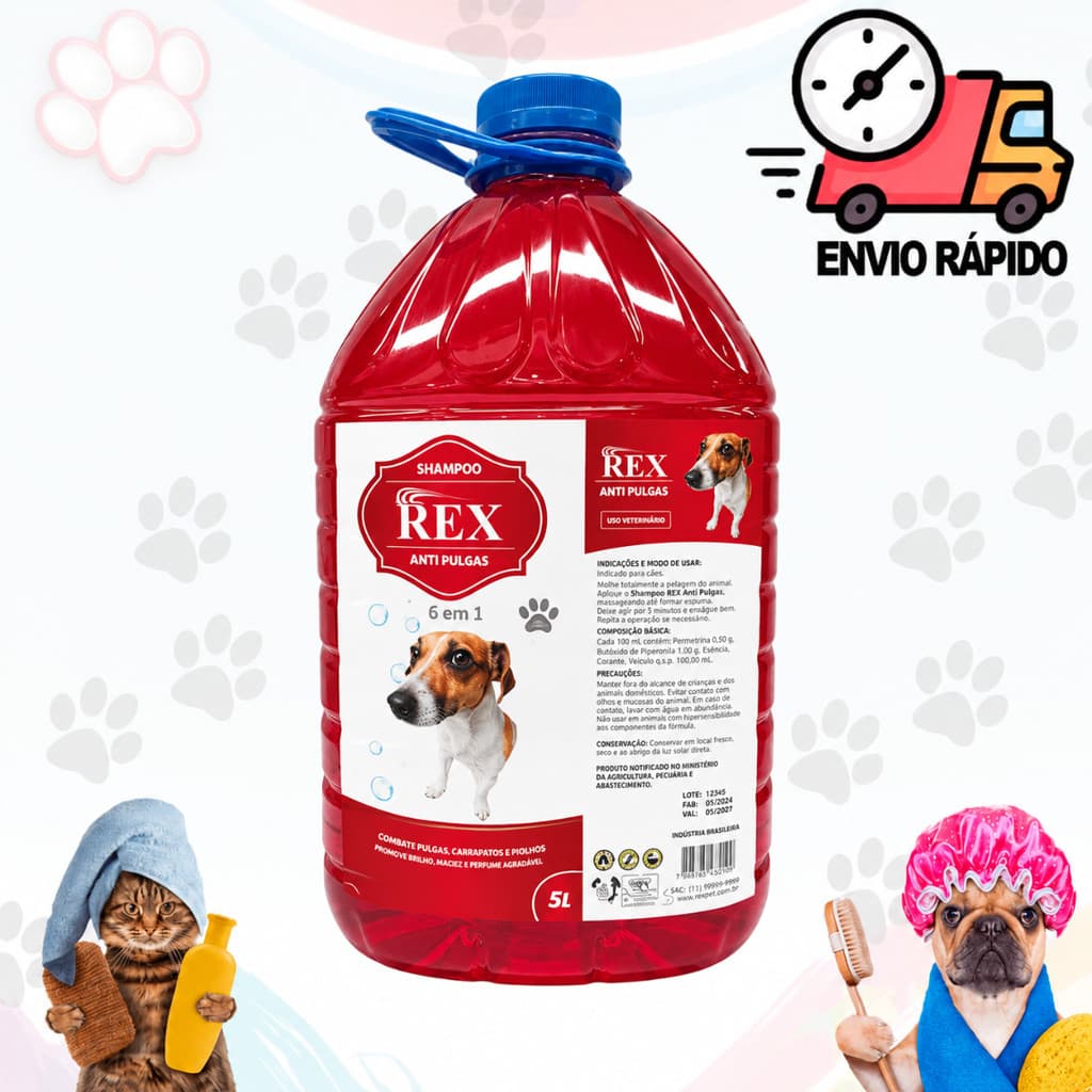 Shampoo Rex 6 em 1 Cachorro Cães 5 Litros Cheiroso Limpeza Completa