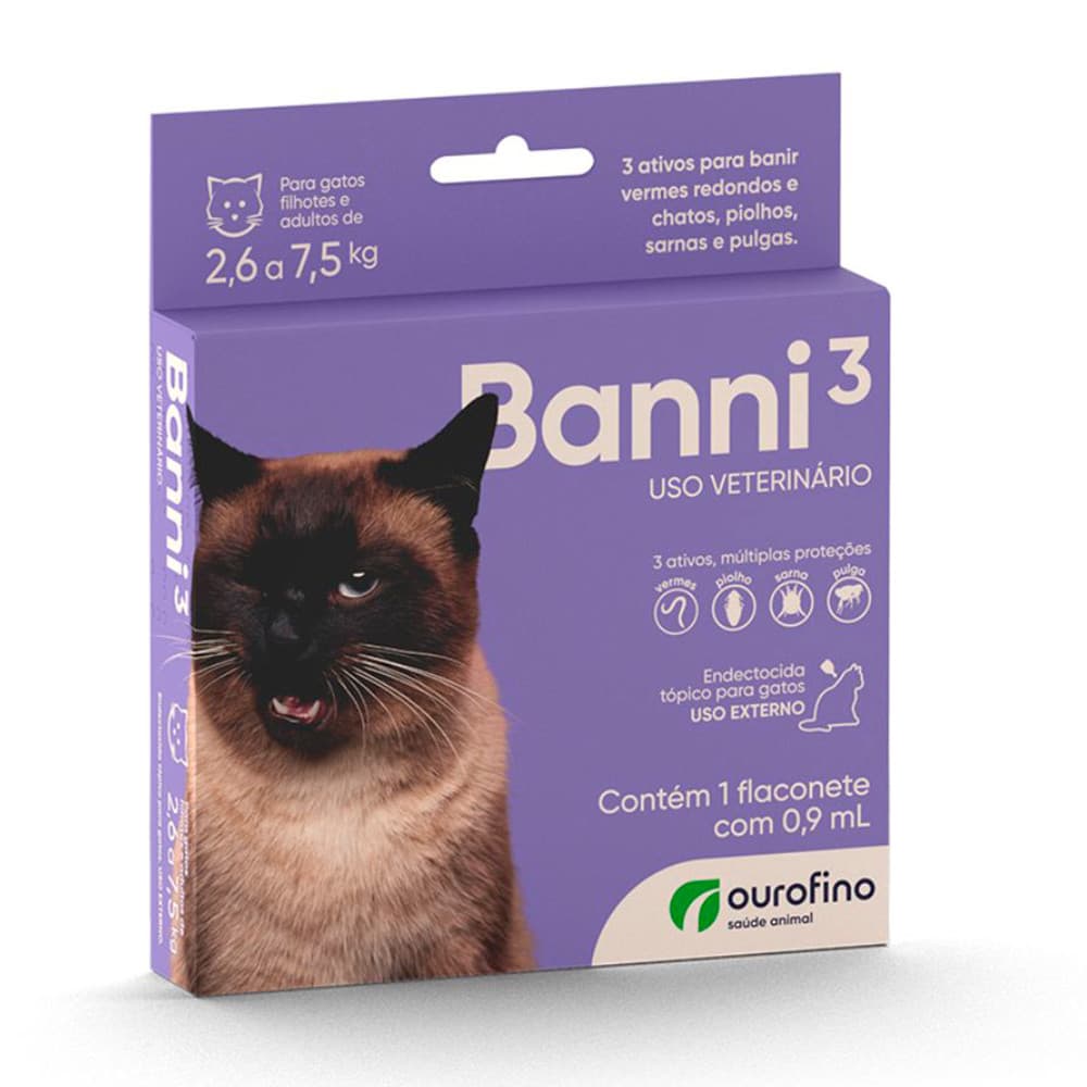 Antipulgas Banni 3 para Gatos 2,6kg a 7,5kg Ourofino 1 Pipeta