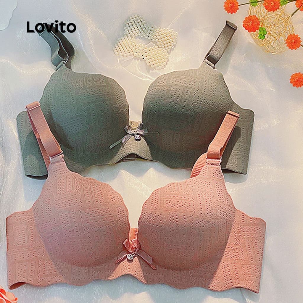 (Casual) Lovito Sutiã Bralette Confortável Sem Fio Push-up Laço Rosa para Mulheres LNE117012