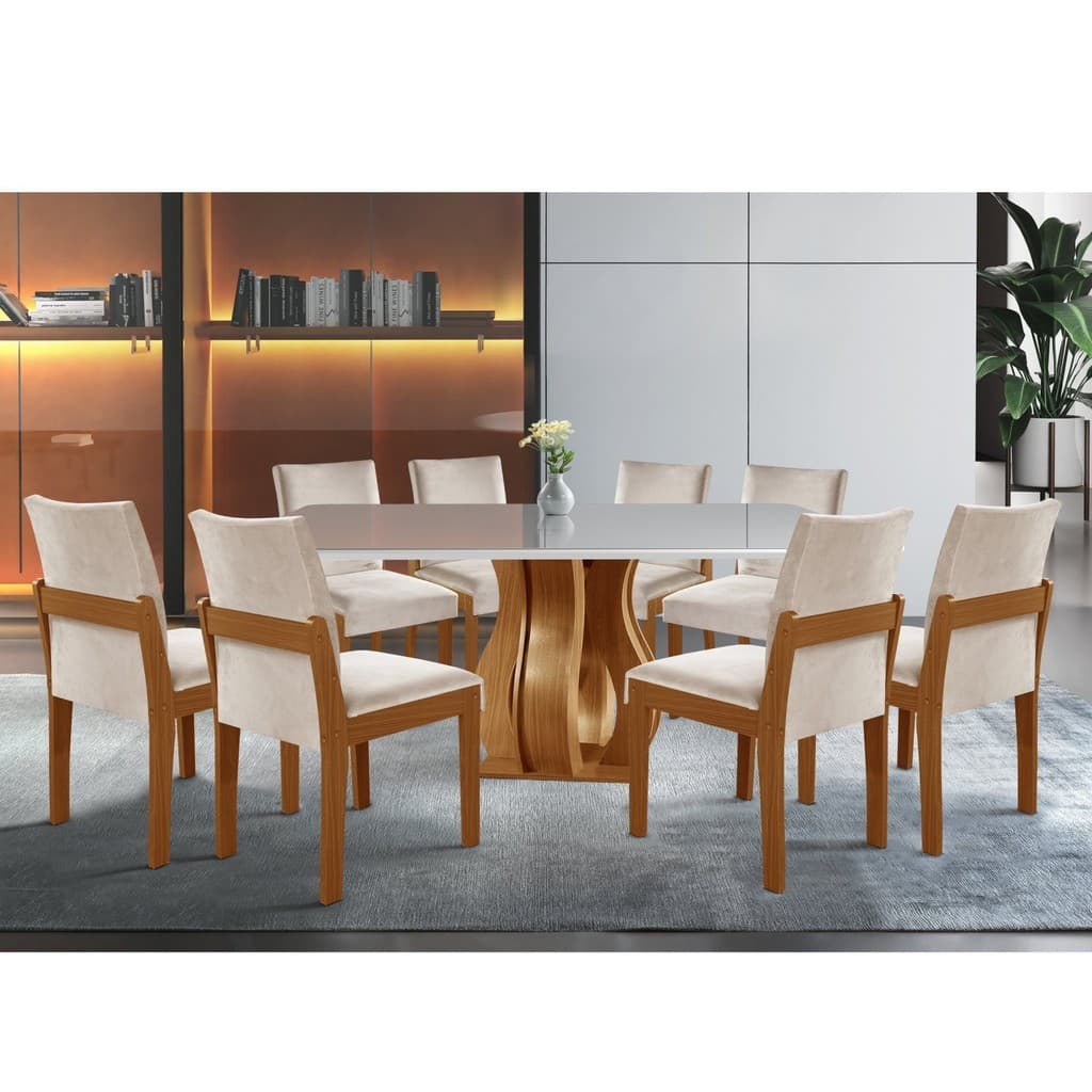 Conjunto Sala de Jantar Mesa Nuance Tampo Vidro/MDP com 8 Cadeiras Mônaco Yescasa Cinamomo/Creme/Off White