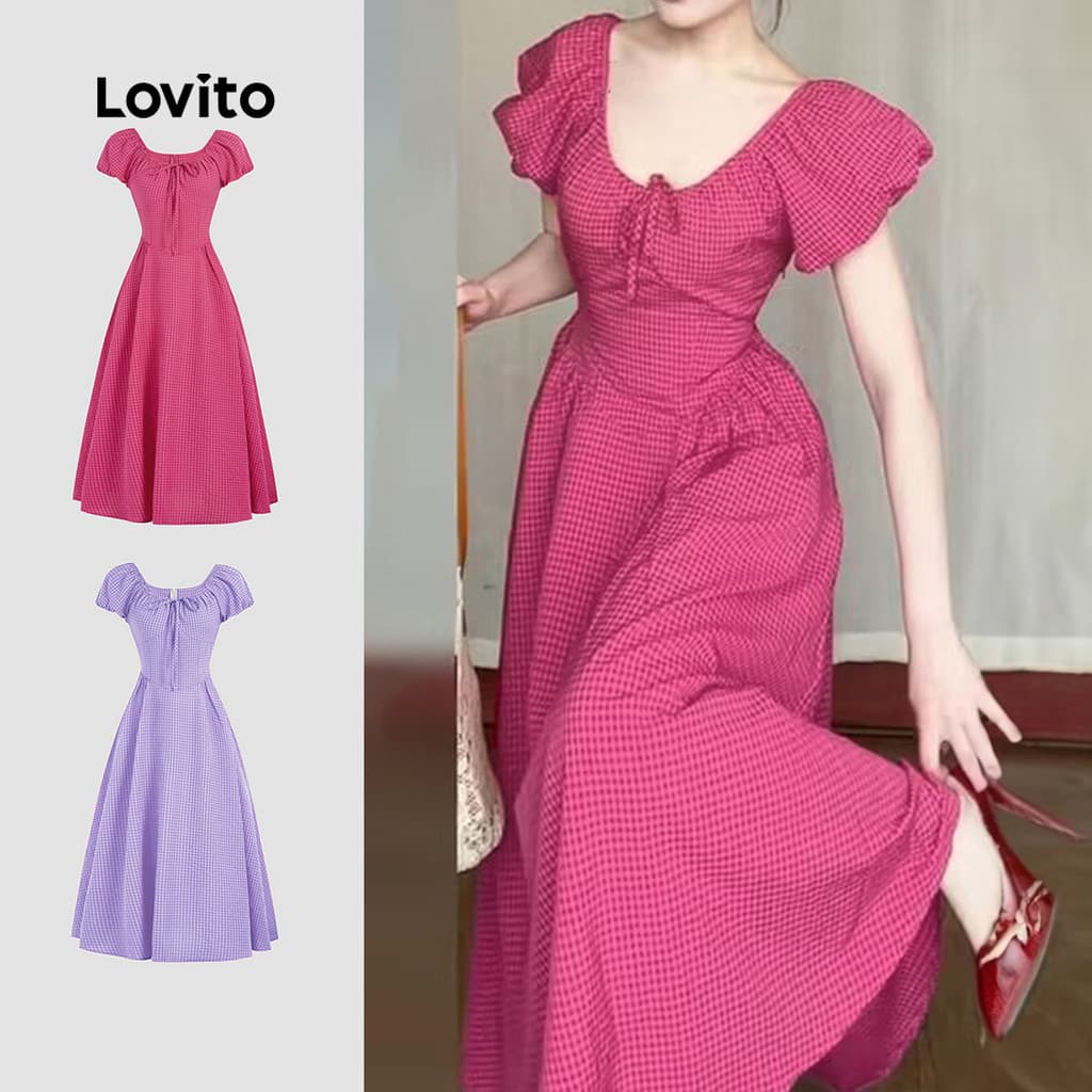 Lovito Elegante Vestido Feminino Xadrez Com Cadarço E Estrutura Mangas Bufantes De Verão/primavera Bordado L131LD1055