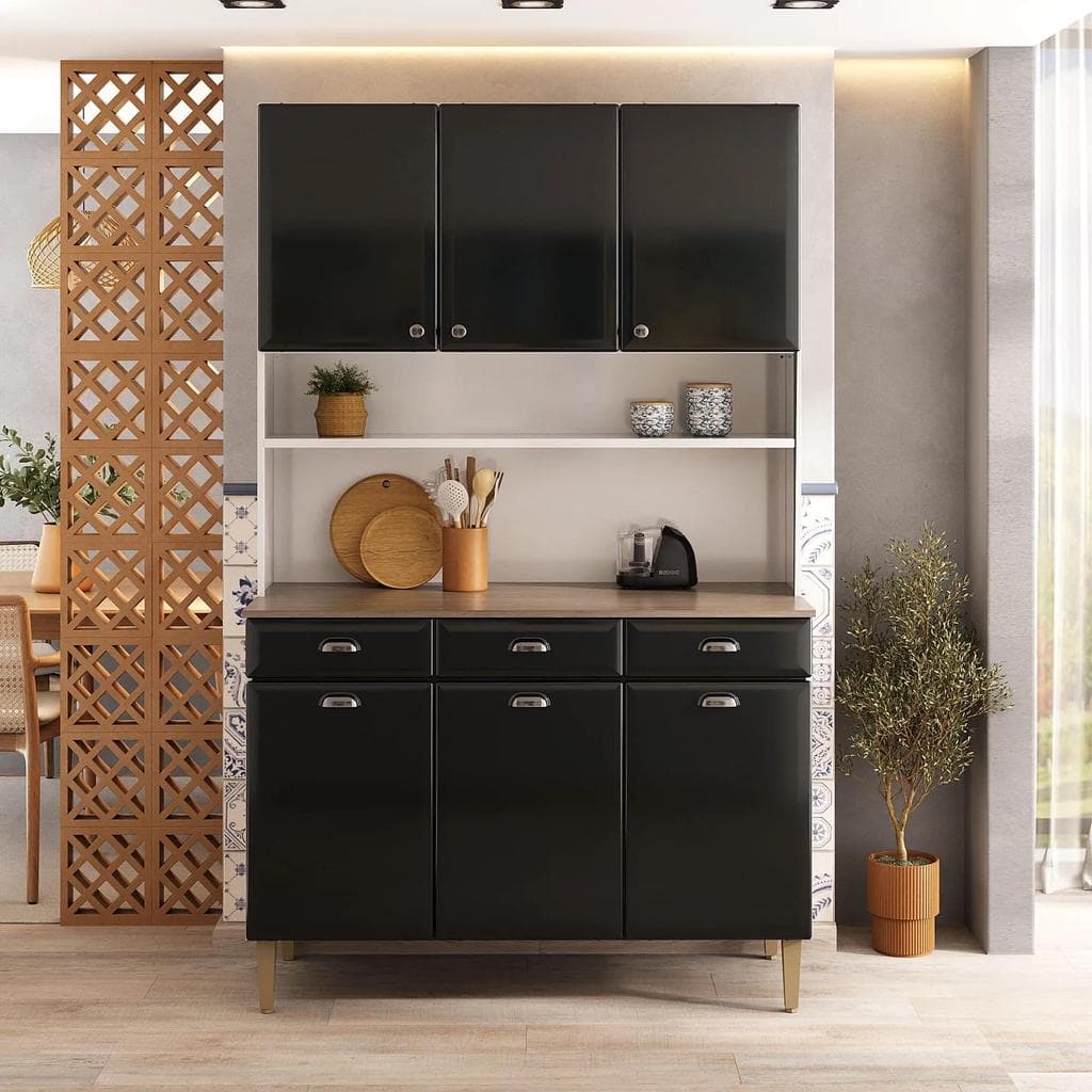 Kit de Cozinha Compacta 120cm em Aço Preto Retrô