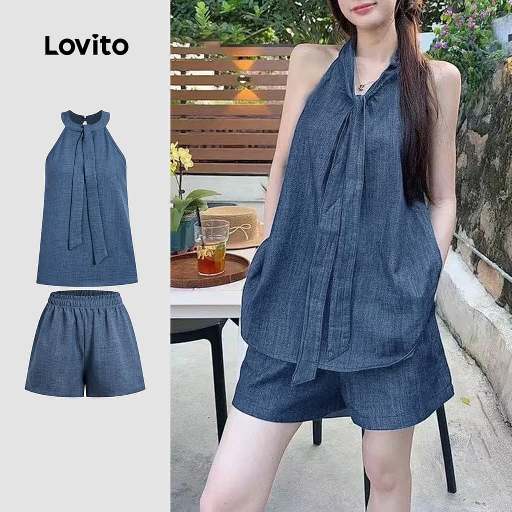 Lovito Casual Conjunto de Bermuda com Cadarço Primavera/verão Conjunto de Calções azul-marinho Bordado L142LD230