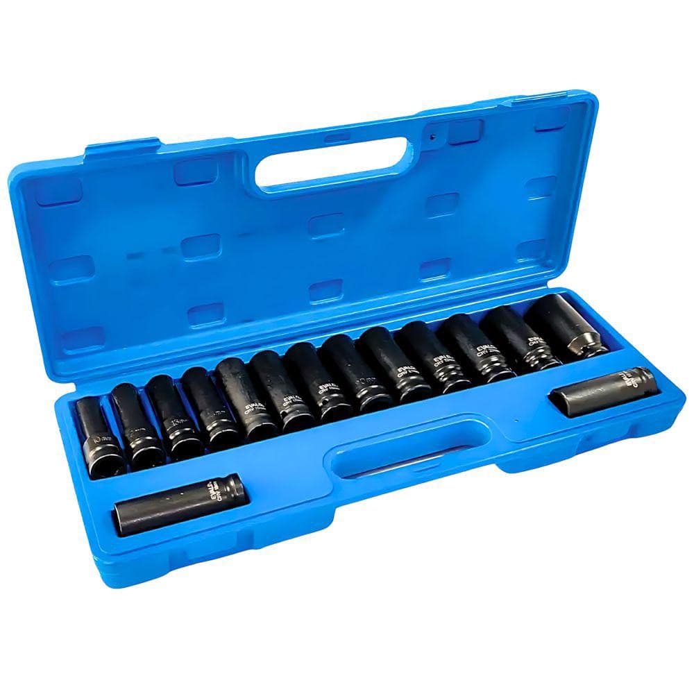 Jogo de Soquetes Longos de Impacto 1/2 POL de 10 a 27 MM Kit com 15 Peças EVSLI-15 EVALD