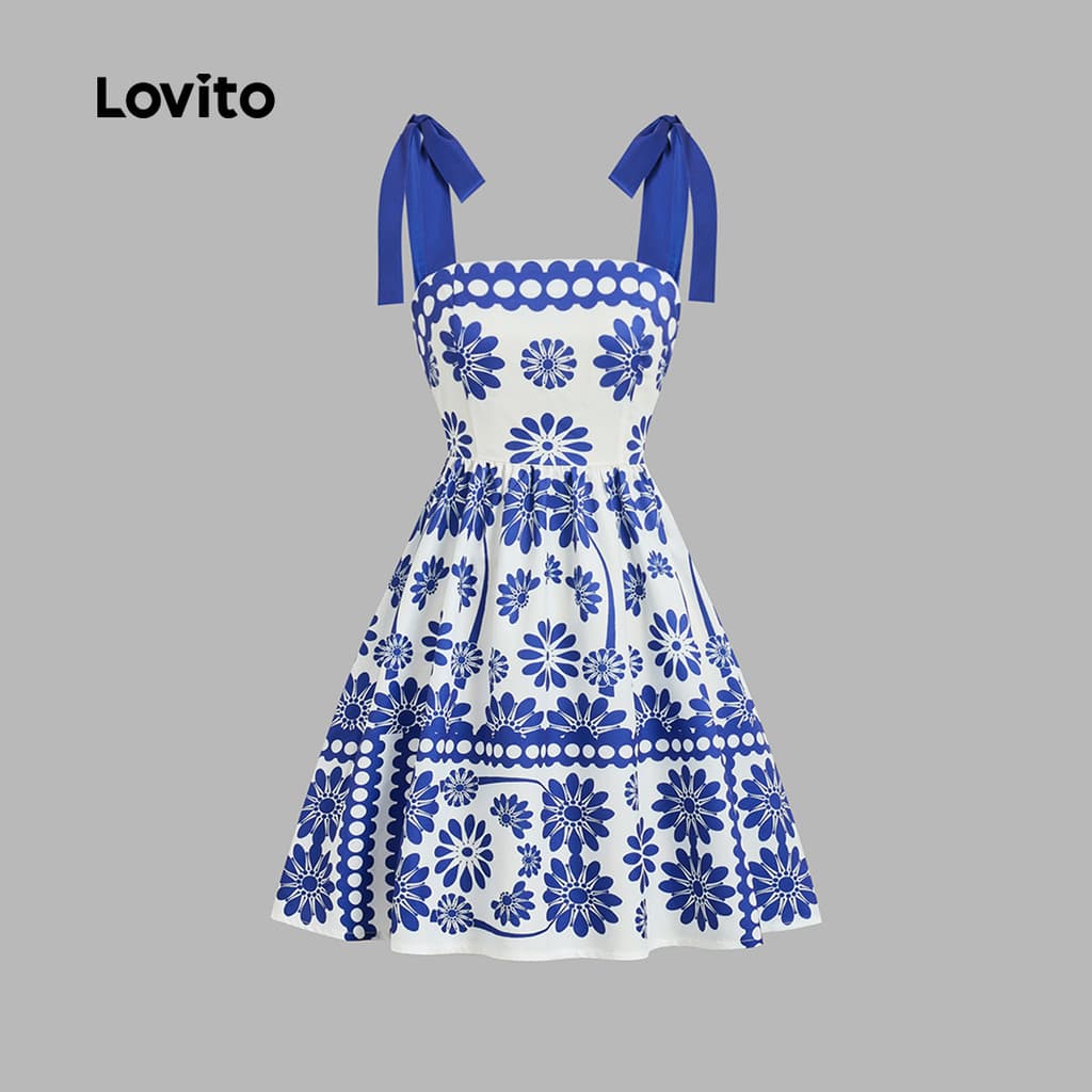 Lovito Férias Vestido Padrão Geométrico Azul Vestido Primavera/Verão Para Mulheres L131ED1152