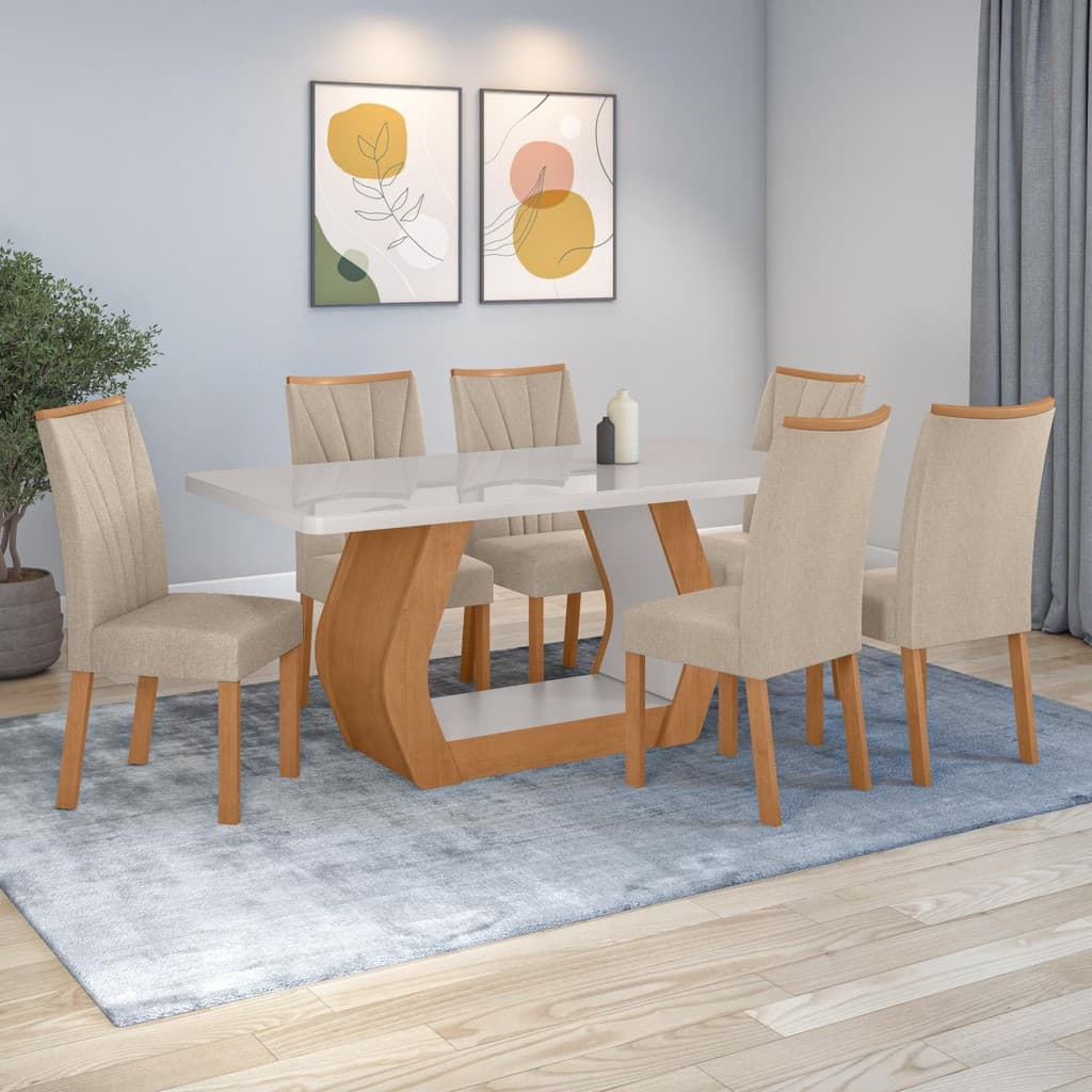 Conjunto Sala de Jantar Mesa Easy Tower 170x90cm MDF/Vidro com 6 Cad Confort Linho Bege Amendoa/off