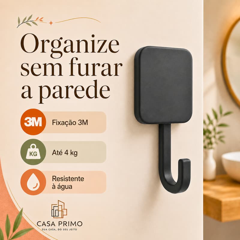 Gancho Cabide Porta Toalha Quadrado P Pendurar Sem Furo Adesivo 3M Preto Fosco Banheiro Casa Primo