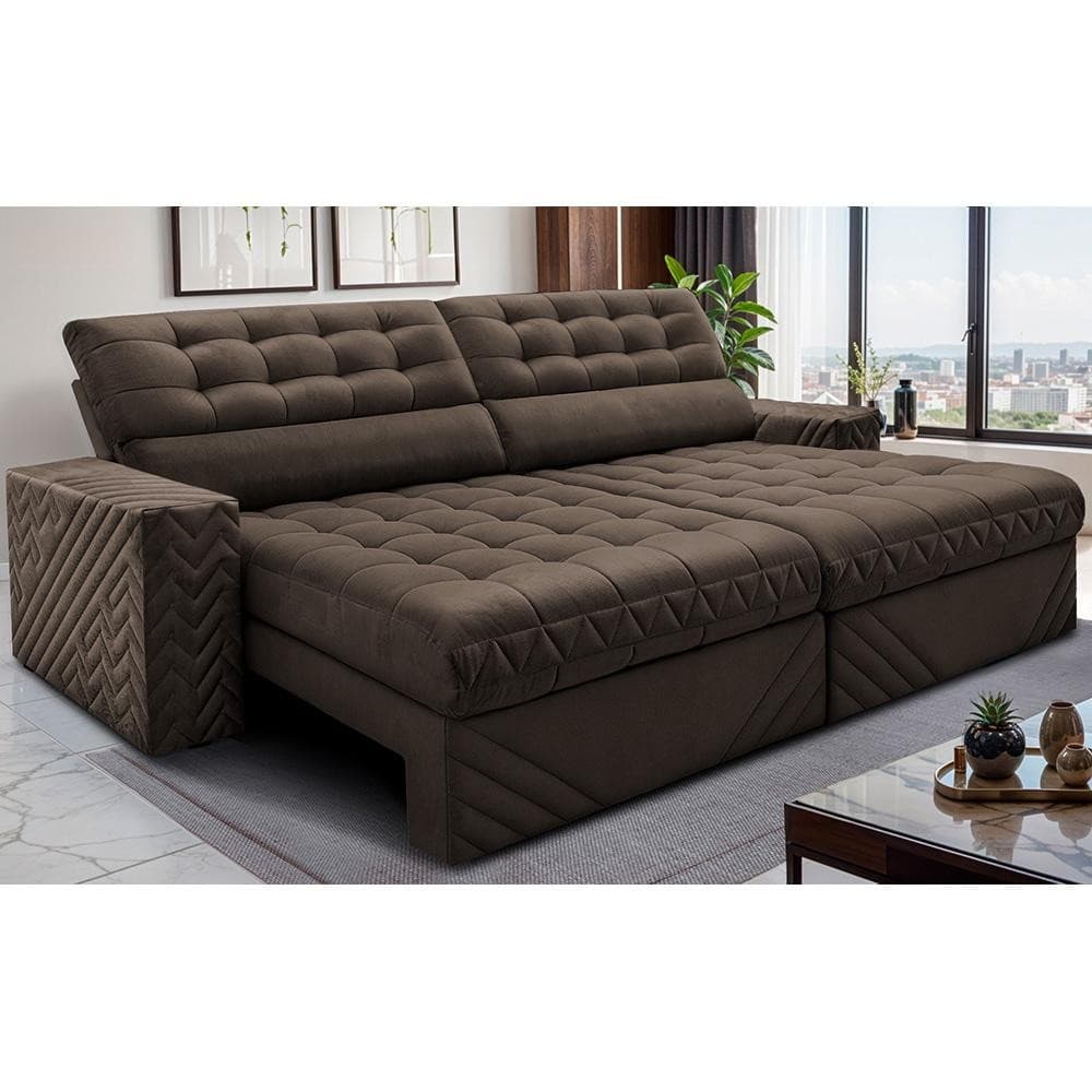 Sofá Retrátil e Reclinável 2,70m Molas Ensacadas Max Spring Velusoft Café Cama inBox