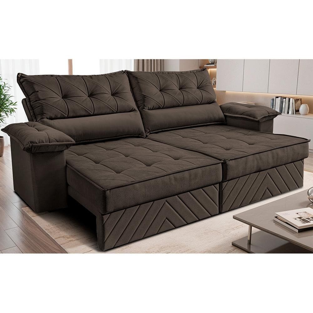 Sofá Retrátil e Reclinável 2,10m com Molas e Espuma D33 Thunder Velusoft Café Cama inBox