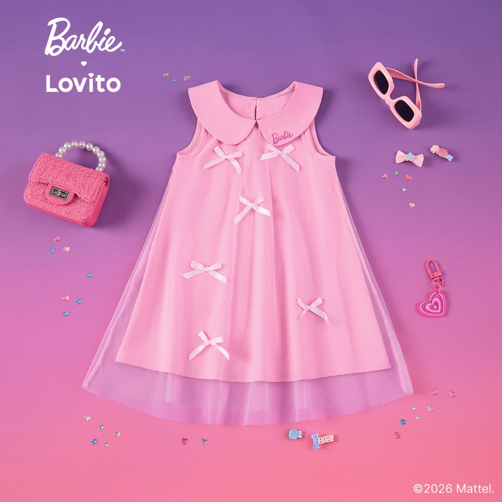 Barbie™ X Lovito Kids Vestido Rosa Menina Primavera/Verão Flare até Joelho Bordado e Laço LBL5AD029