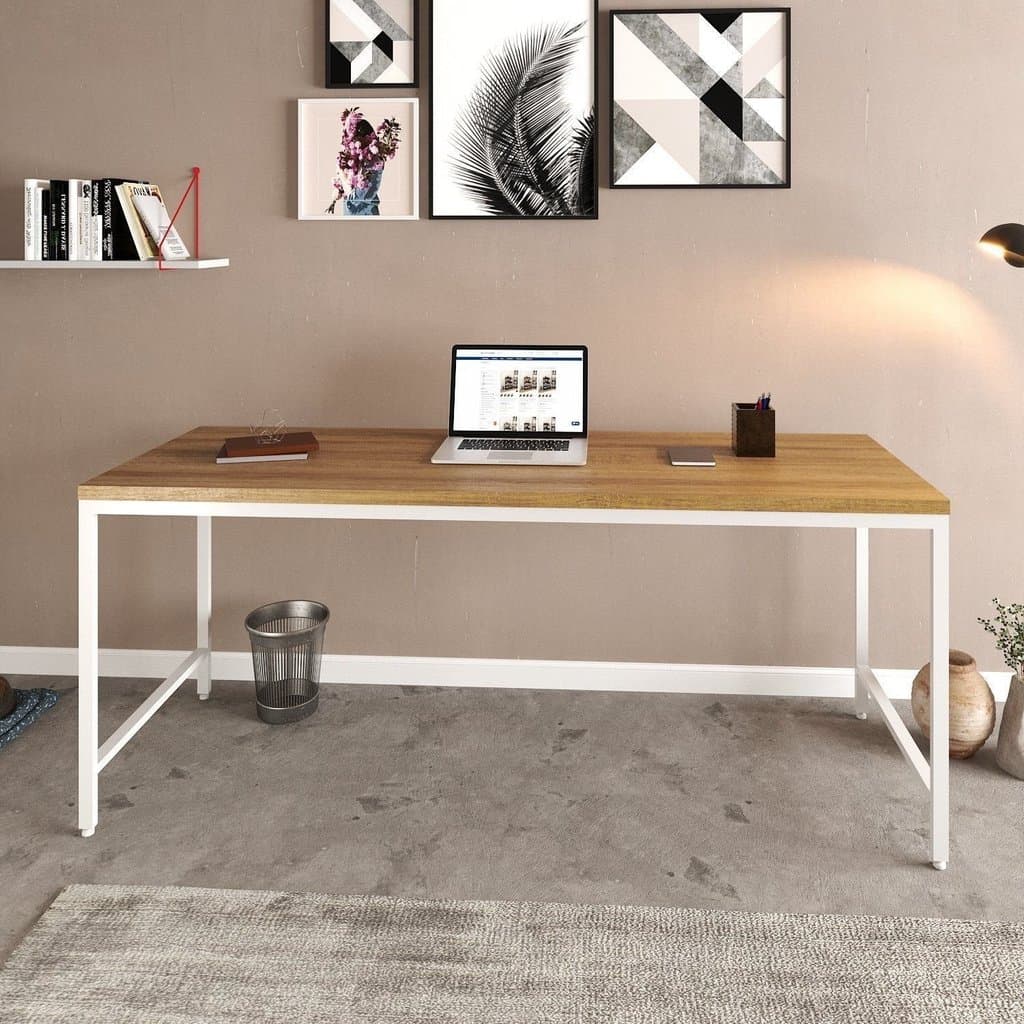 Escrivaninha Mesa Escritório Estilo Diretor Active 180cm Industrial Yescasa Marrom Lamina Mel/Branco