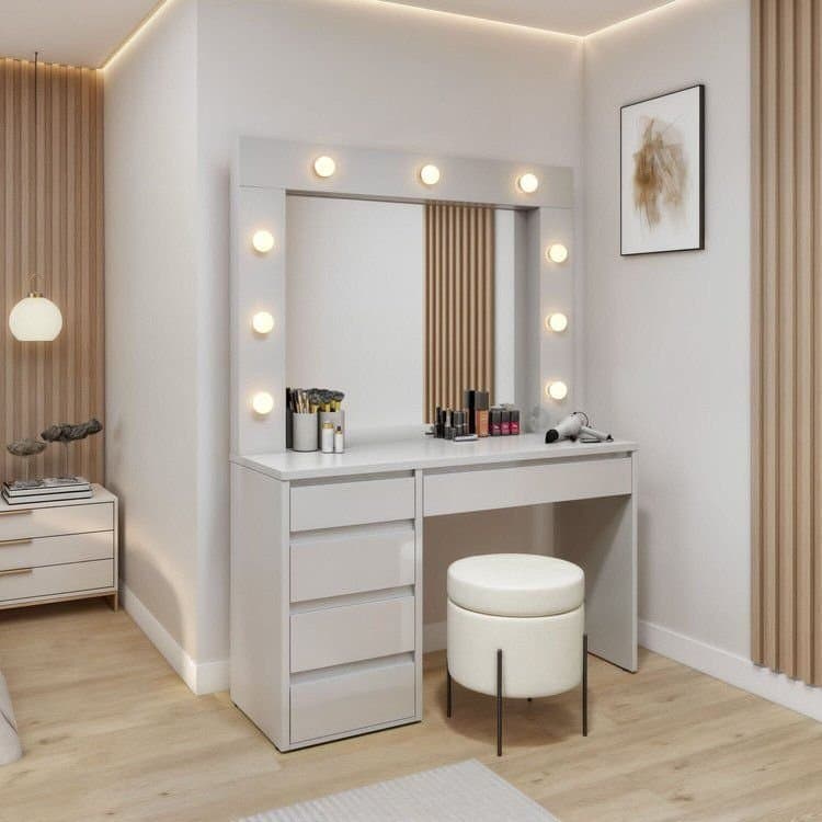 Penteadeira Camarim com Espelho e Lampada 5 Gavetas 100% MDF Anne Bege/Off White Off White