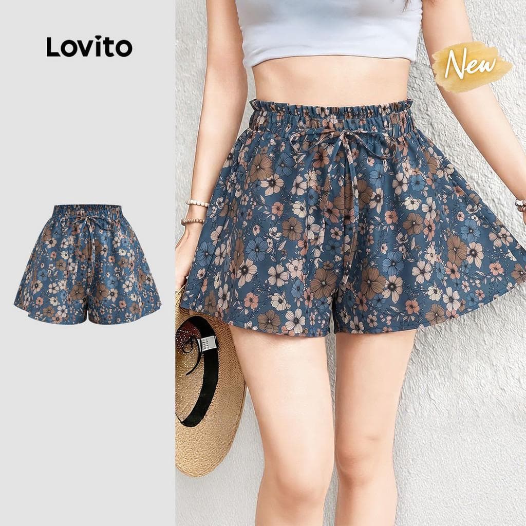 (New Arrival) Lovito Shorts Boho com Estampa e Cadarço Primavera/verão Feminino STK8P2D749