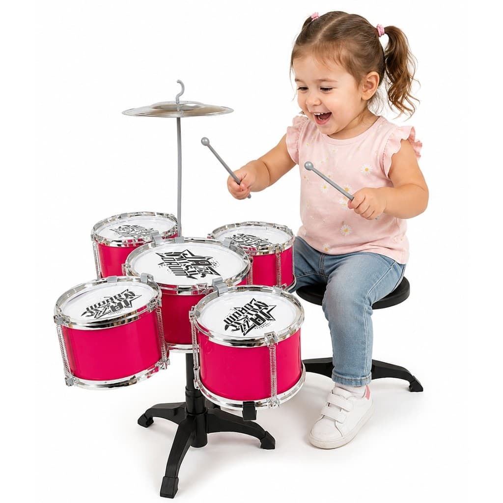 Mini Bateria Musical Infantil Rosa C/Luz e Banco Castela