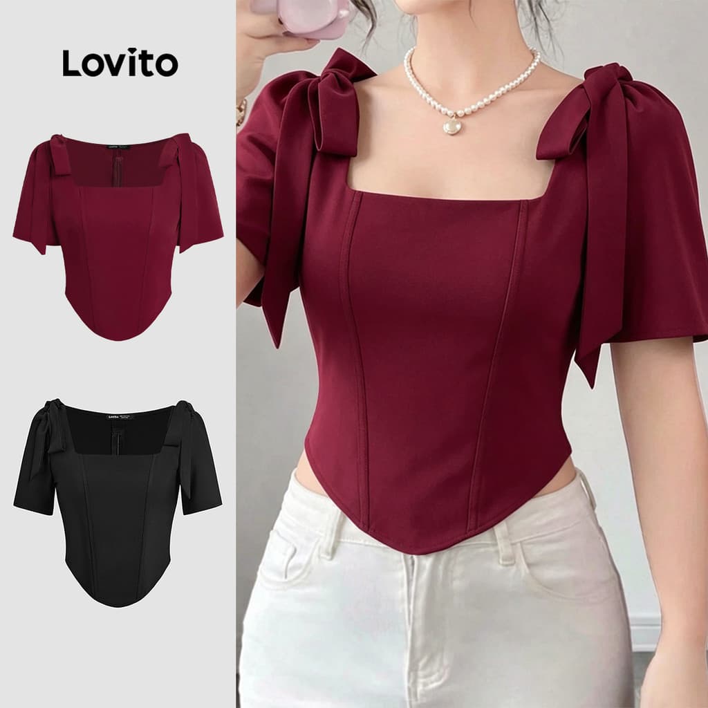 Lovito Elegante Blusa Com Laço Vermelha Para Mulheres Ideal Para a Primavera/verão L149ED309