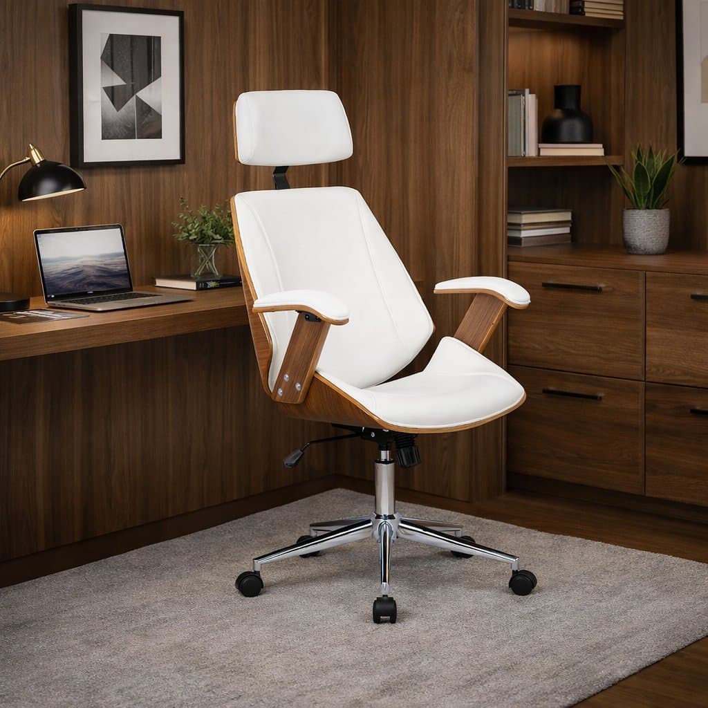 Cadeira de Escritório Presidente Giratória com Apoia Cabeça Office Lisboa Branco/Marrom Branco