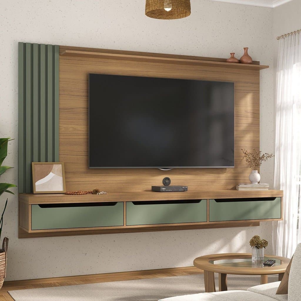 Painel Ripado para TV até 75 Polegadas MDF 200CMX137,5cm 3 Gavetas Presence Marrom Carvalho/Menta