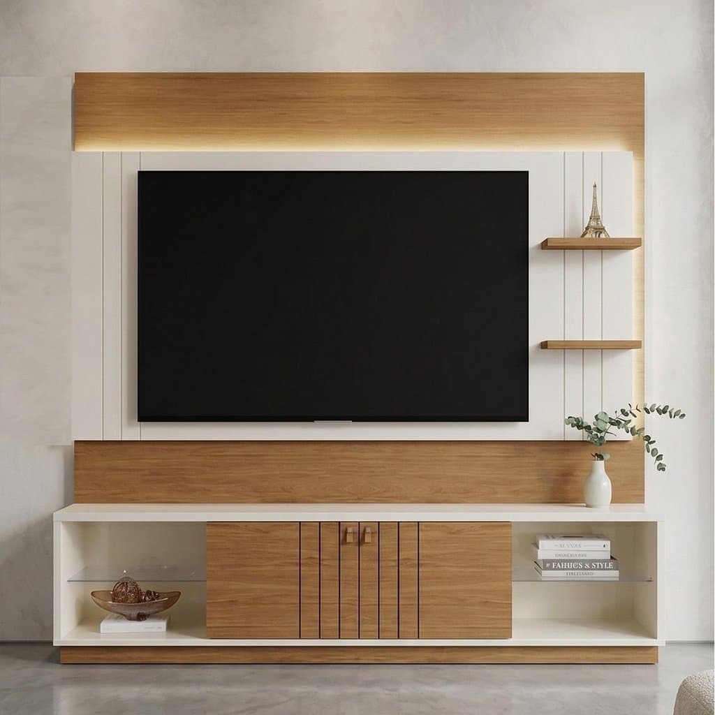 Estante para TV até 65 Polegadas com LED Frisado MDF 184,5x200cm Bege Guaíba Off White/Amêndoa