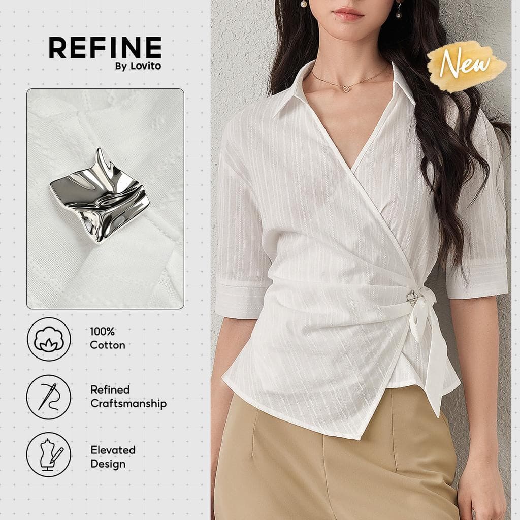 (New Arrival) (Refine by Lovito)Blusa Social AlgodãoLinho Bordado Cruz Metal Branco Feminino Primavera/Verão BLR42P1D016