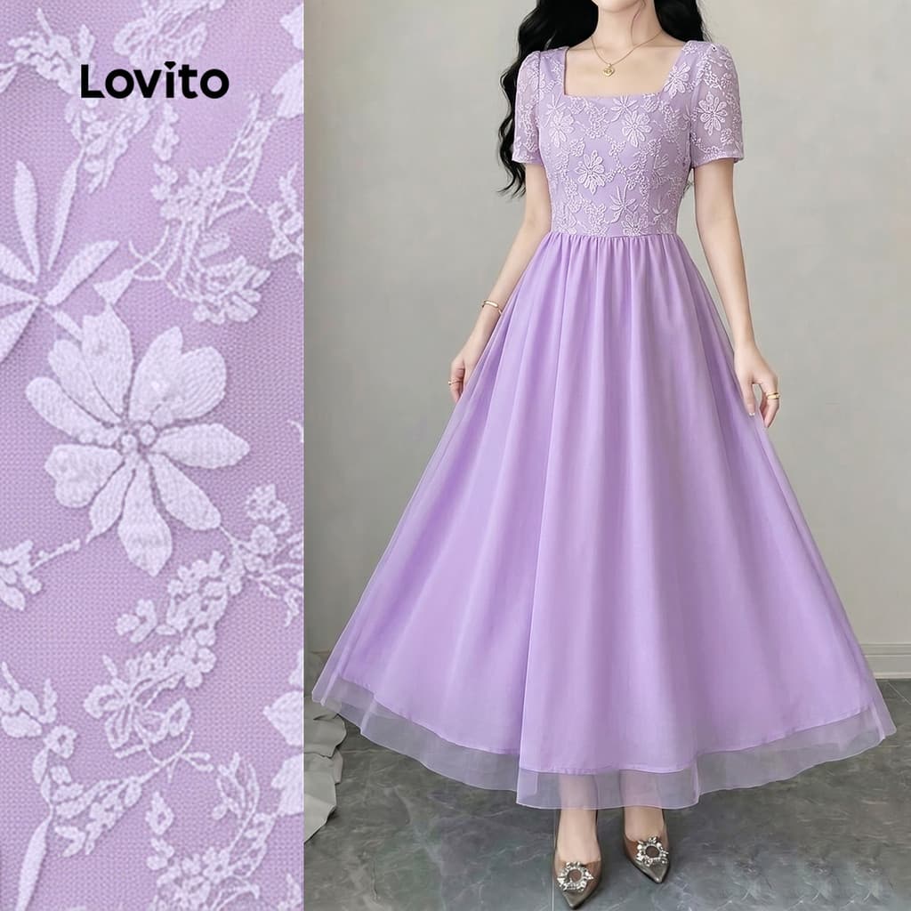 (New Arrival) Lovito Vestido Longo Casual Roxo De Corte Evasê Com Decote Quadrado E Costura Em Jacquard Para Uso Diário Na Primavera/verão Feminina LR41E018