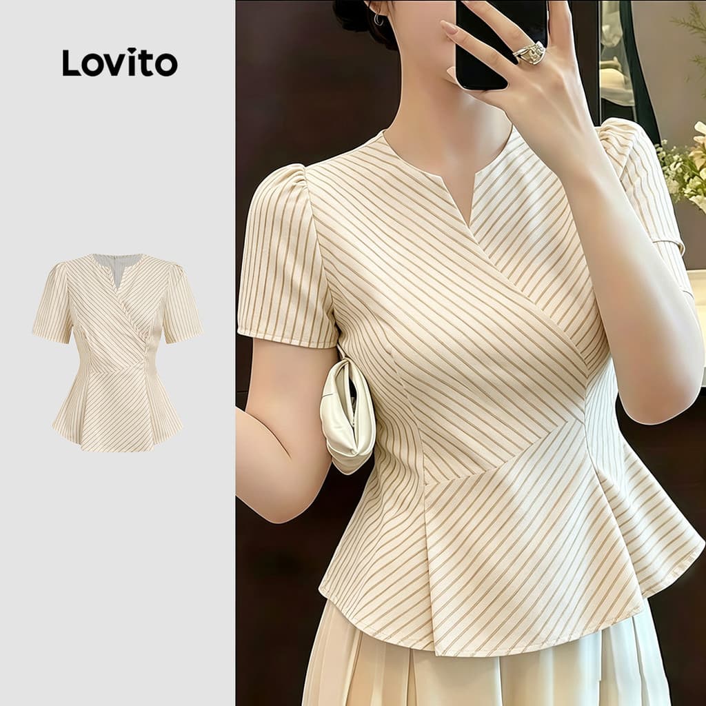 (New Arrival) Lovito Blusa Casual Padrão para O Trajeto Diário Leve Cor Caqui Claro Blusa feminina L195AD052