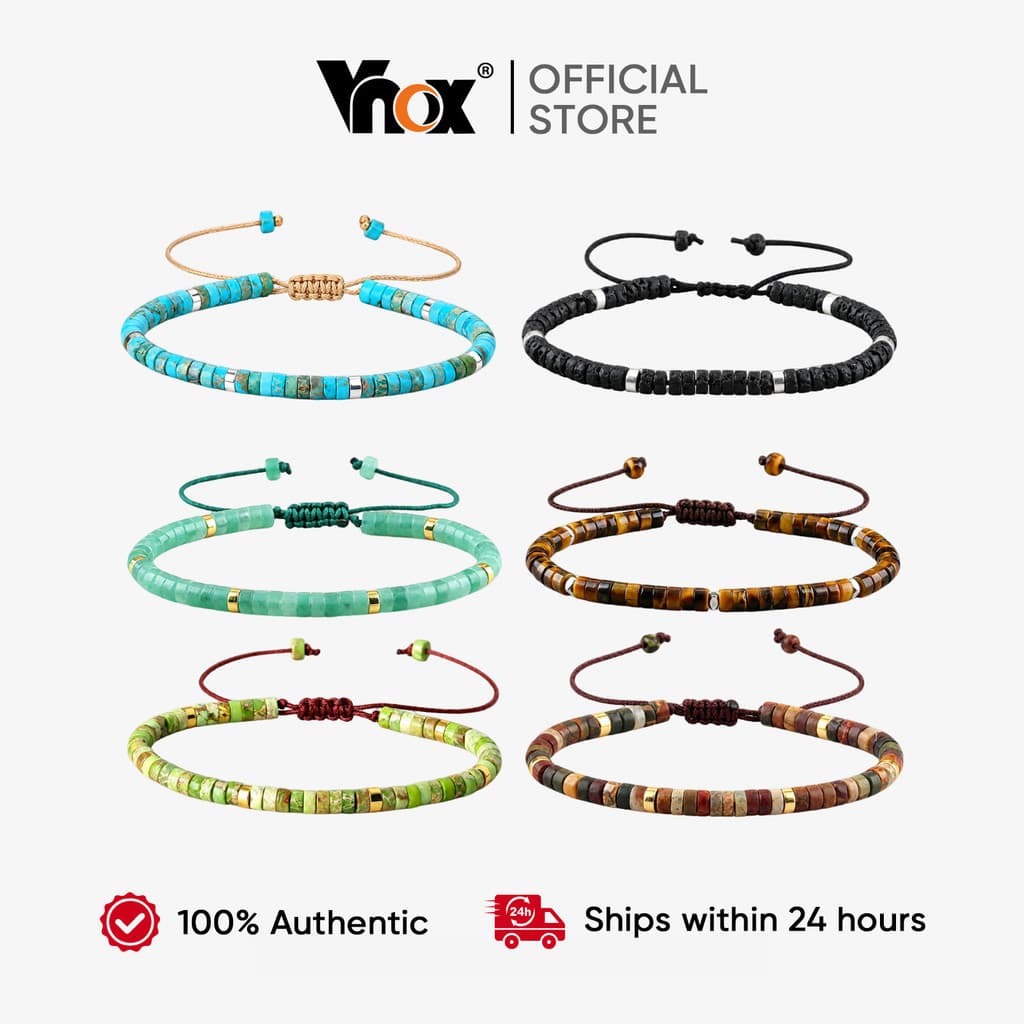 Vnox Moda Pedra Natural Pulseira De Contas Tecido À Mão Corda Ajustável Boho Unissex Joias De Presente Espiritual