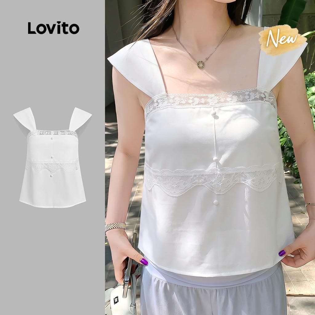 (New Arrival) Lovito Top Casual Branco Feminino com Renda para primavera/verão Bordado TKK8TD121