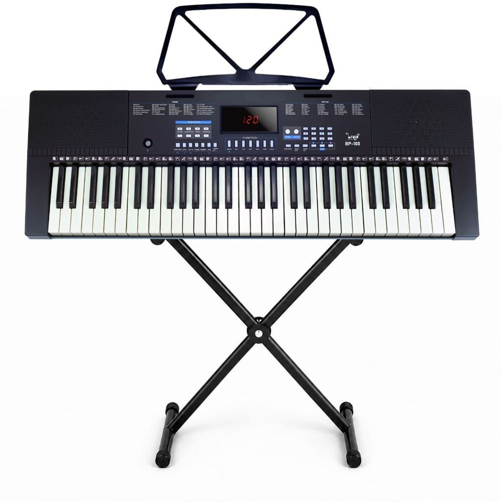 Kit Teclado Musical Bravo BP100 61 Teclas 5/8 Iniciante Estudante com Suporte em X Bivolt 127/220V Preto e Fonte Inclusa