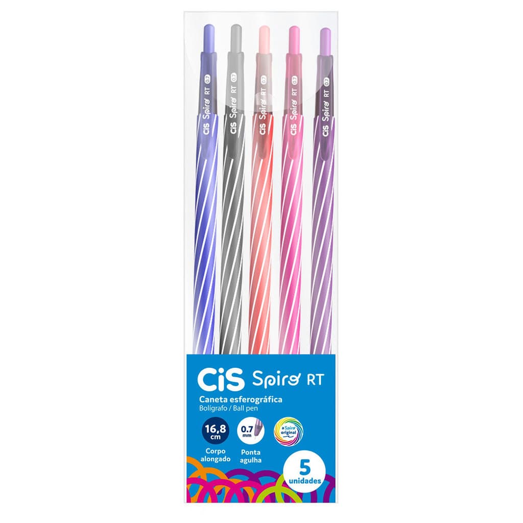 Caneta esferográfica 0.7mm Spiro RT com 5 unidades Cis