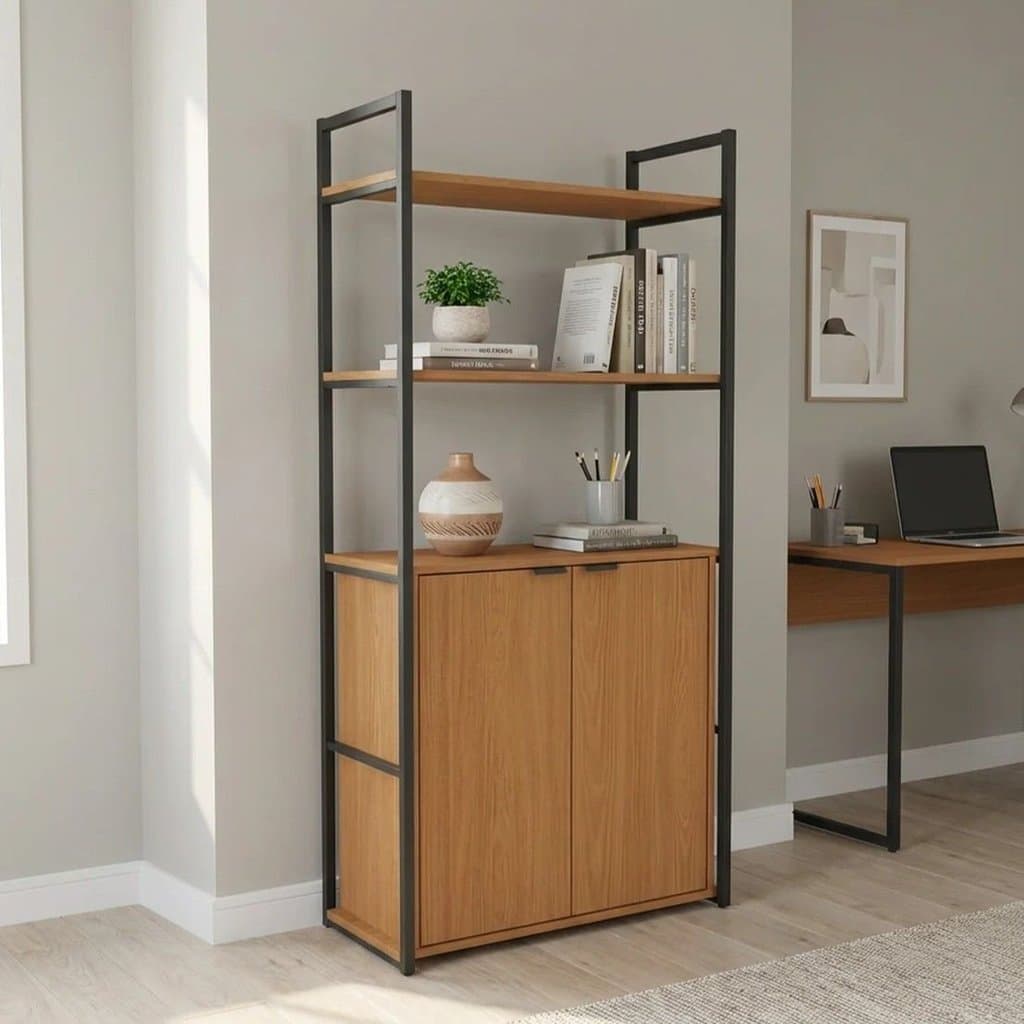 Estante de Livros Industrial em Aço com 2 Portas e 2 Prateleiras 151x72cm Canela/Preto Canela/Preto