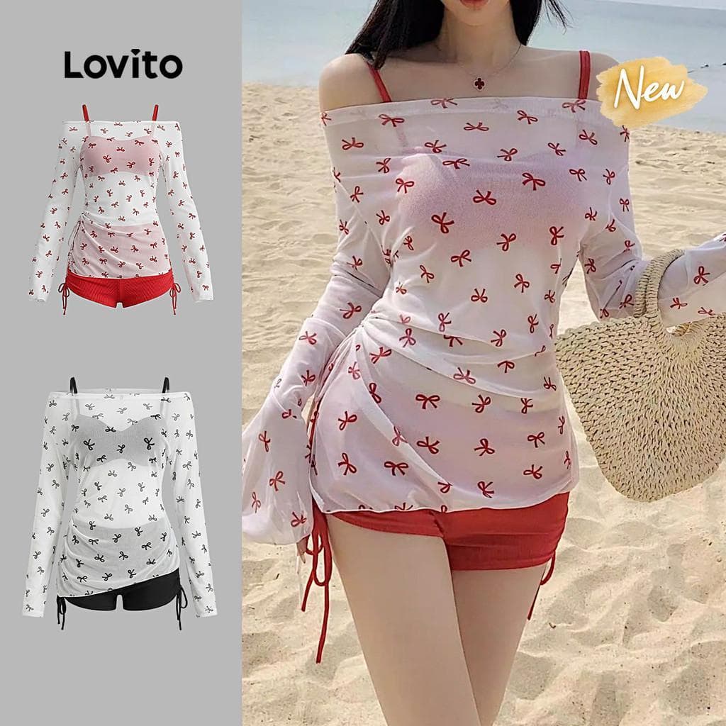 (New Arrival) Lovito   Boho Biquínis 3 peças 3 combinações Padrão Enrugado Vermelho Primavera/Verão LNE148950