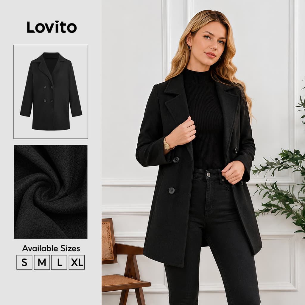 Lovito Casual Casaco Botão Preto Outono/inverno para Mulheres LNL141331