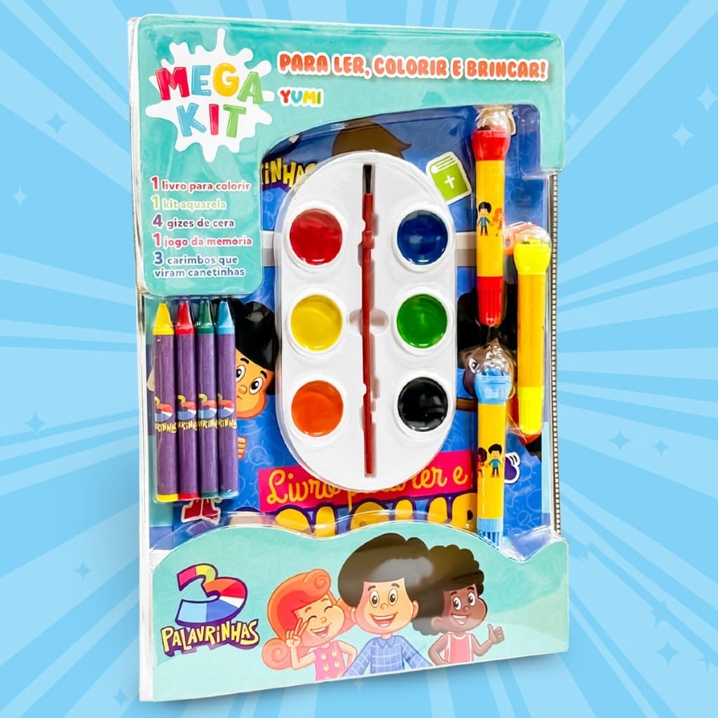 Mega Kit Colorir 3 Palavrinhas - Livro Infantil De Colorir + Canetinhas + Carimbos + Giz + Jogo Educativo Oficial