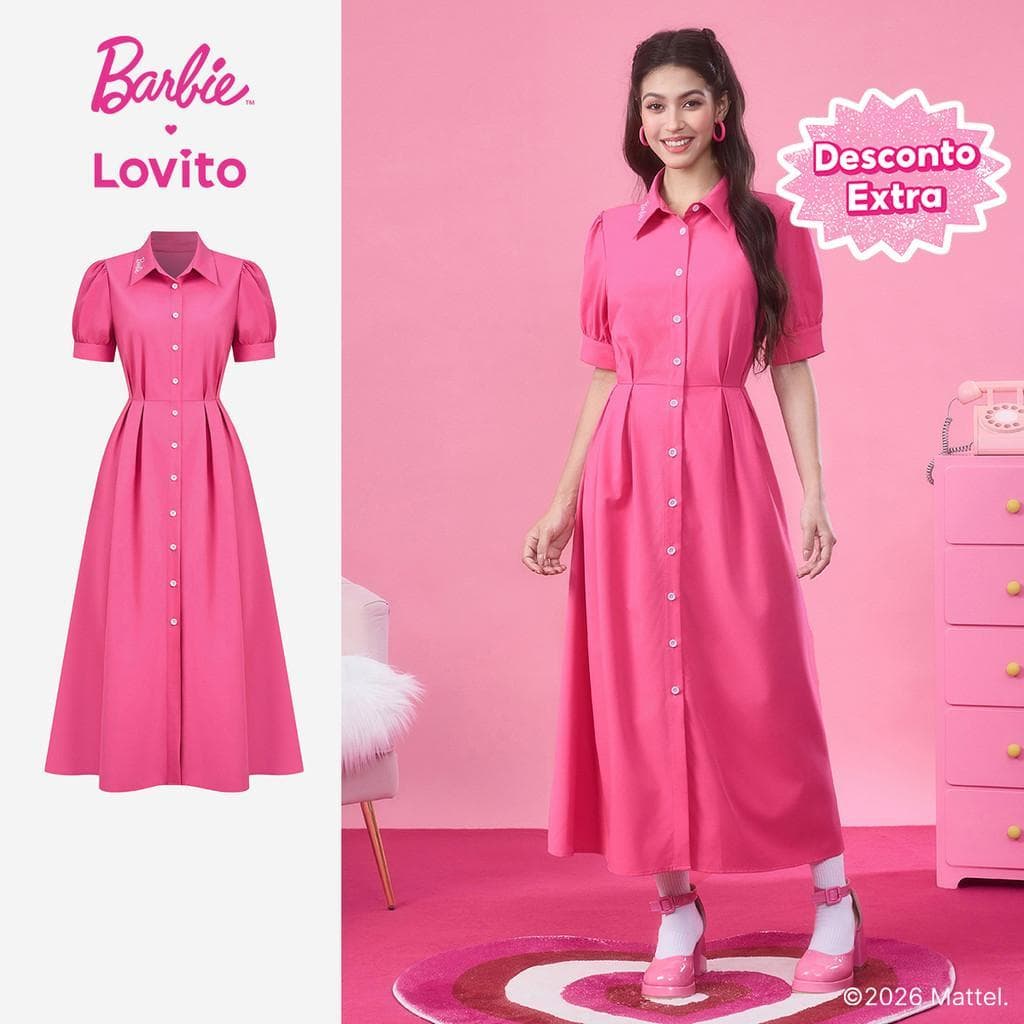 Barbie™ X Lovito Vestido Casual Elegante Formal Bordado Com Botões Rosa Primavera/verão Mulheres LB1AD036