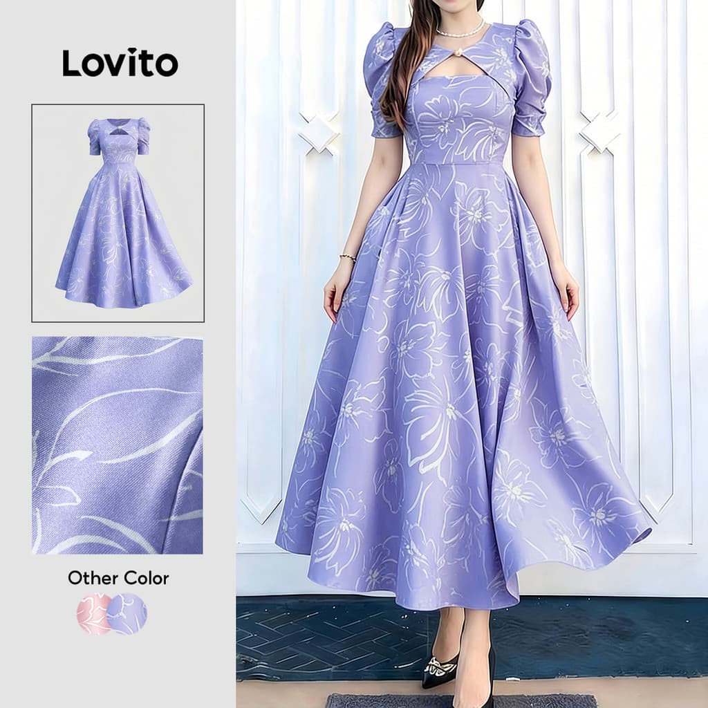 Lovito Padrão de Vestido Casual Plissado Roxo Vestido Feminino Primavera/Verão LK6ED013
