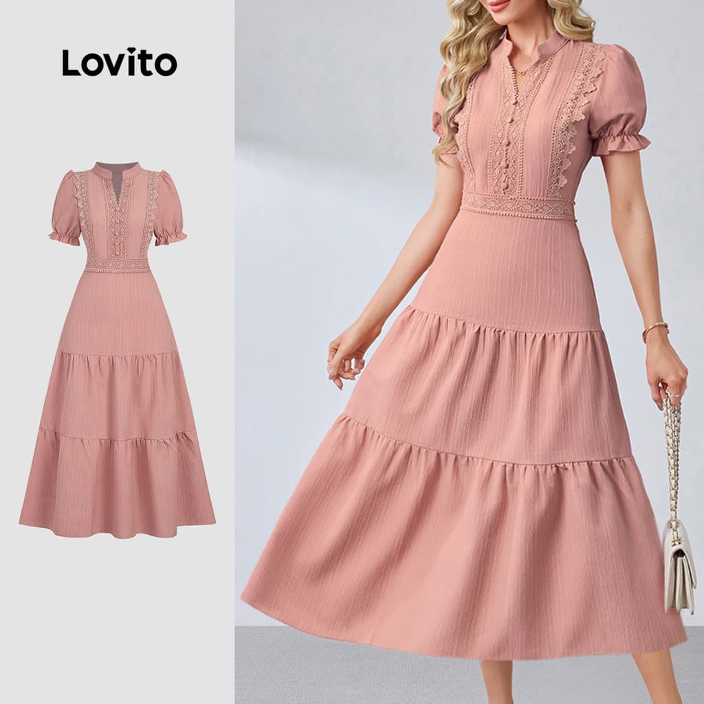 Lovito Vestido Midi Rosa Elegante Com Mangas Bufantes Decote Em V Com Recorte Zíper E Renda Para Férias Na Primavera/verão Para Mulheres Bordado LR35L019