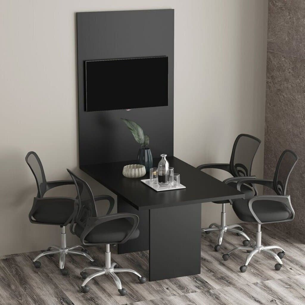 Kit com Mesa para Reunião 4 Lugares e Painel para TV até 32 Polegadas Preto Preto