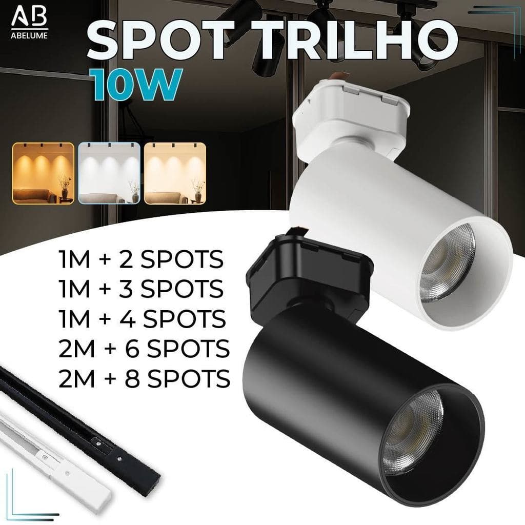 Trilho Spot LED para trilho eletrificado + Trilho + Conector Tubinho Preto e Branco 10W Bivolt