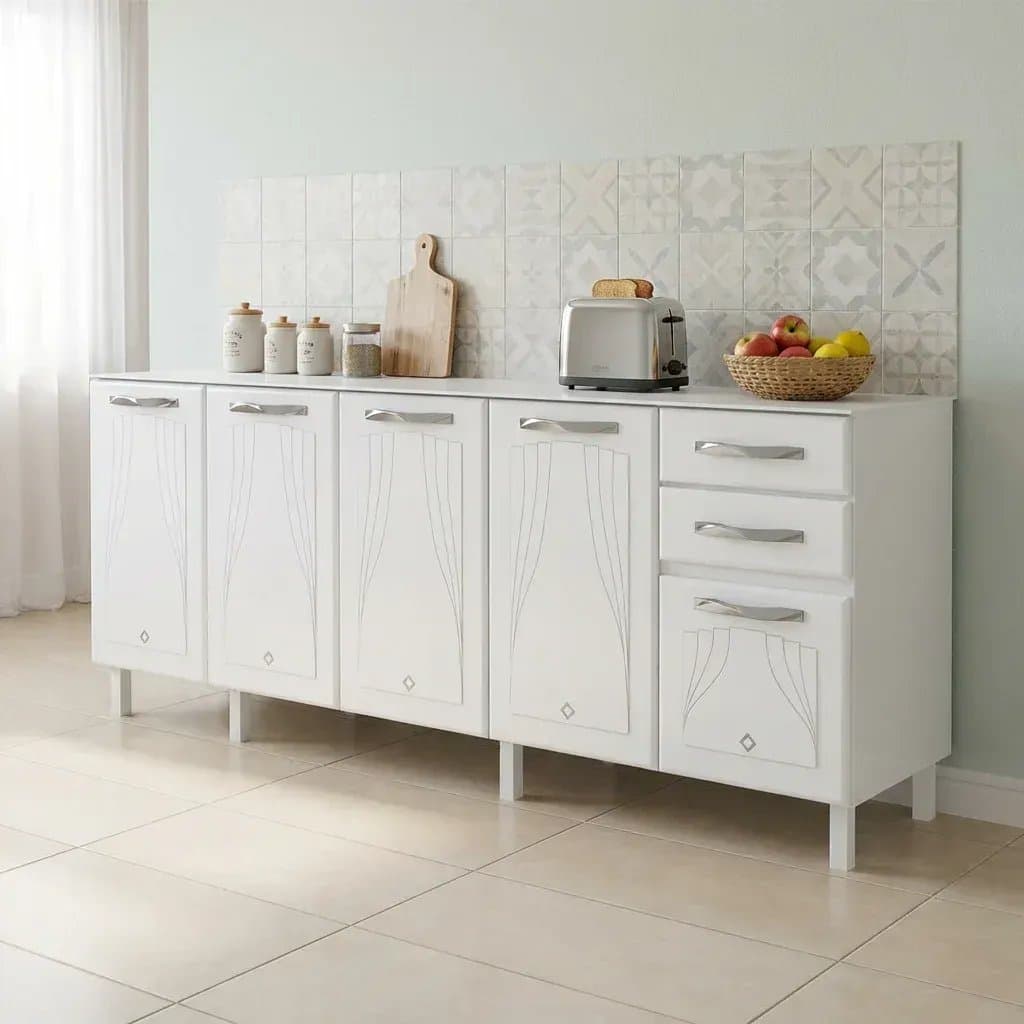 Balcão de Cozinha para Pia em Aço 5 Portas 2 Gavetas sem Tampo 200cm Star New Branco Branco