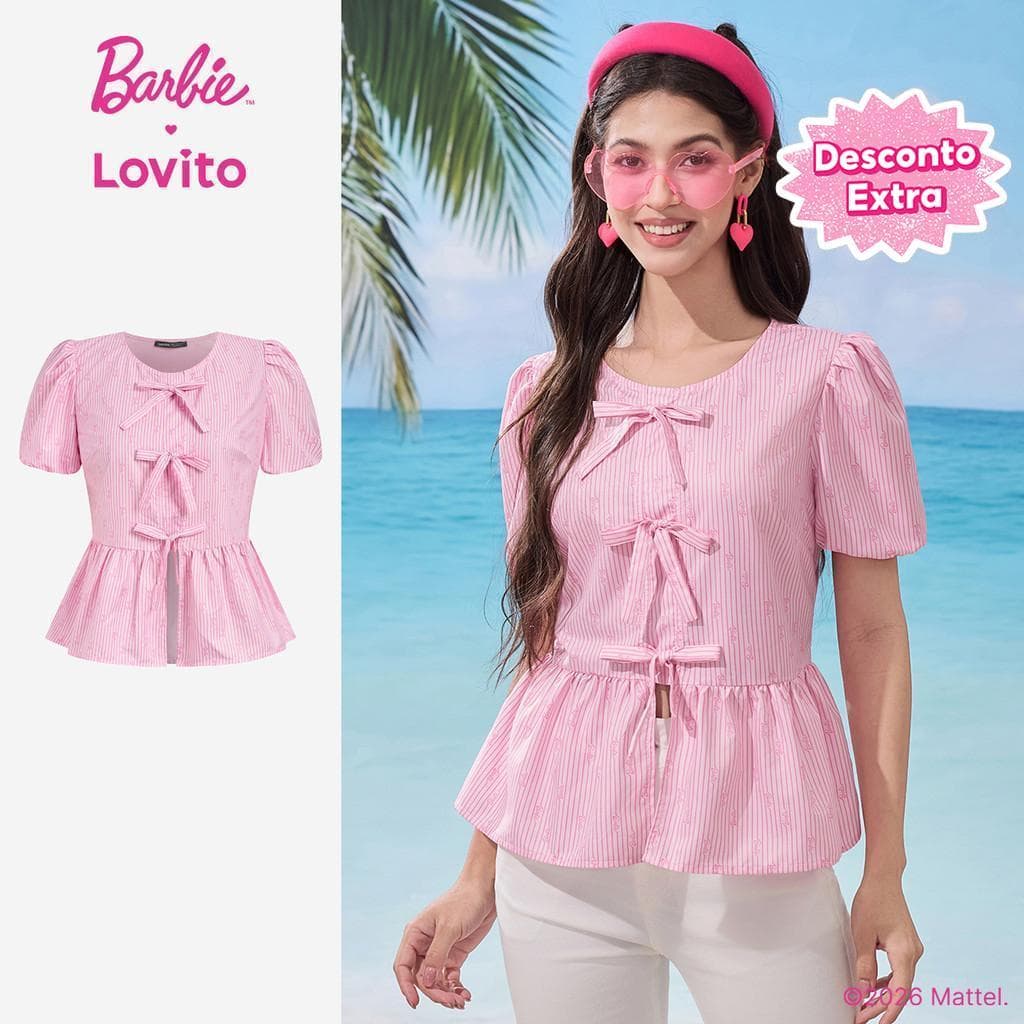 Barbie™ X Lovito Listrada Casual Blusa Estilo Coreano Laço Floral Frontal Rosa Primavera/verão Feminino LB1AD039