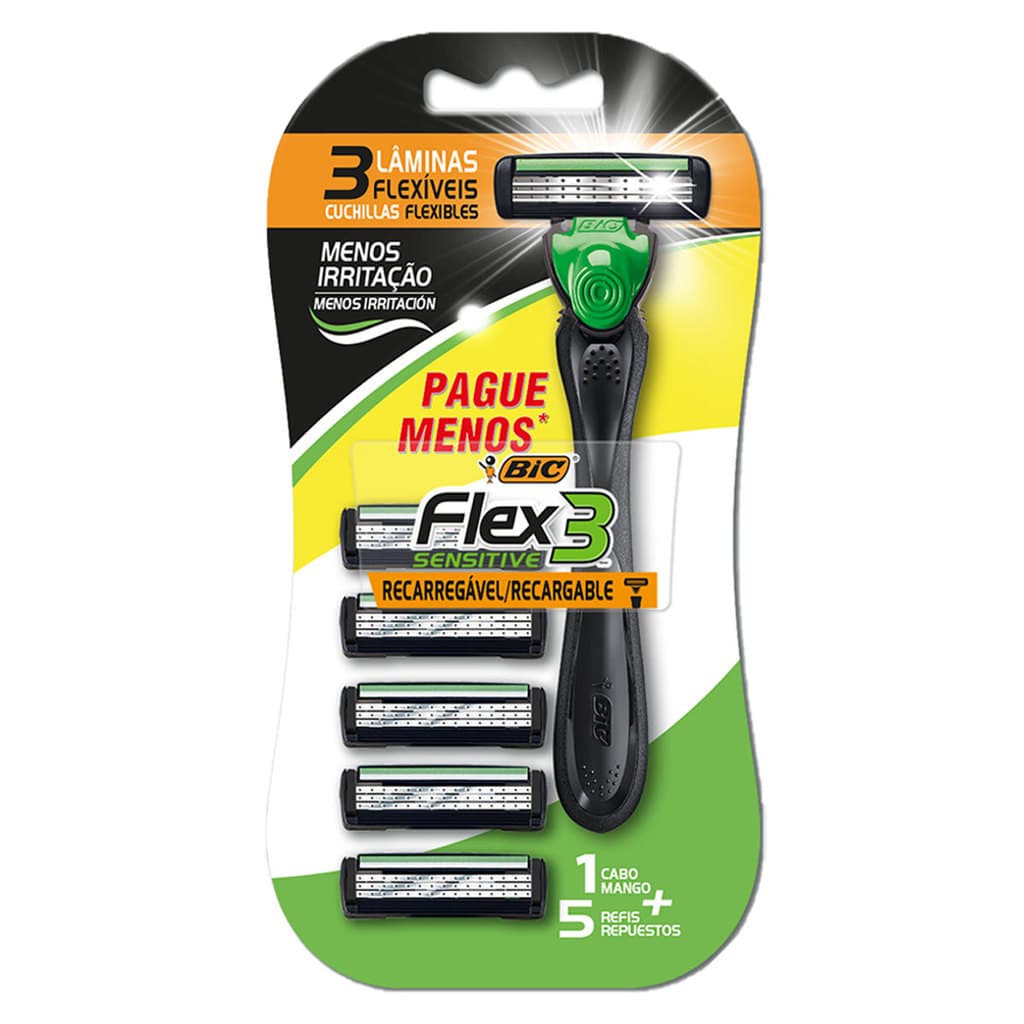 Barbeador descartável Flex3 Hybrid Sensitive recarregável Preto + 5 lâminas Bic