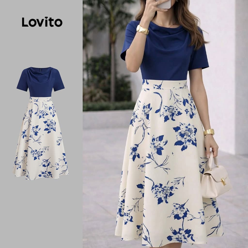(New Arrival) Lovito Vestido Elegante com Vestido de Primavera/verão para mulheres LK7LD1092